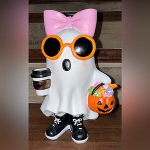 Super Cute 🥰 Ghost 👻 Girl With Oversized Pink Bow 🎀 & Hot Drink  Halloween Decor
